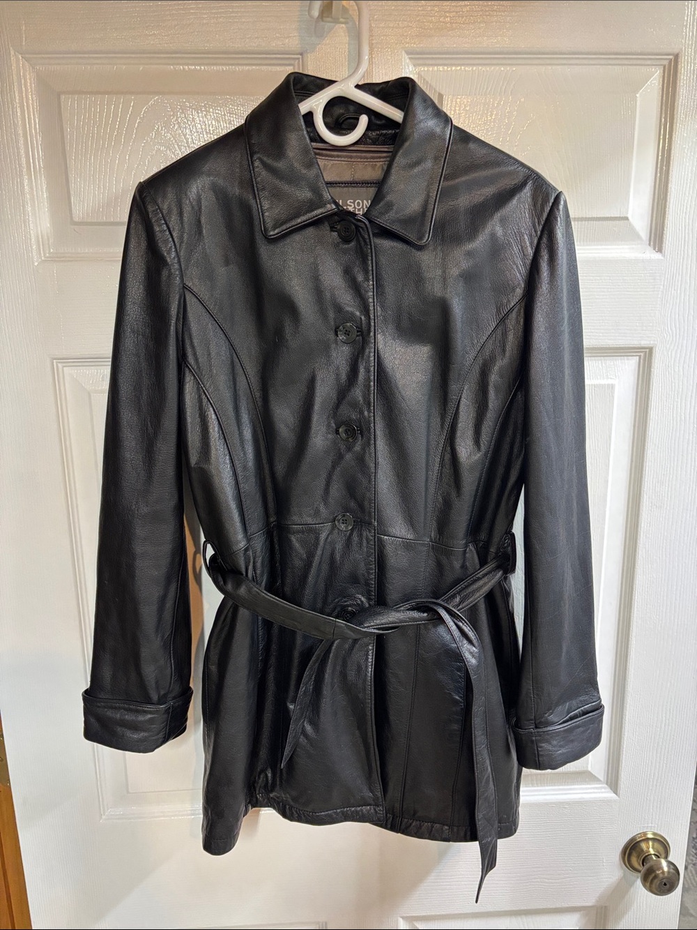 Wilsons Leather Button Down Black Belted Leather Jacket Thinsulate Lining Small